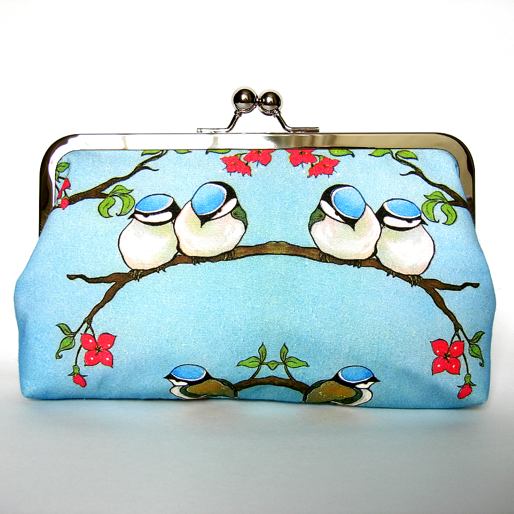 Kisslock Frame Clutch Silk Lined Blue Birds on a Branch Chickadee Purse