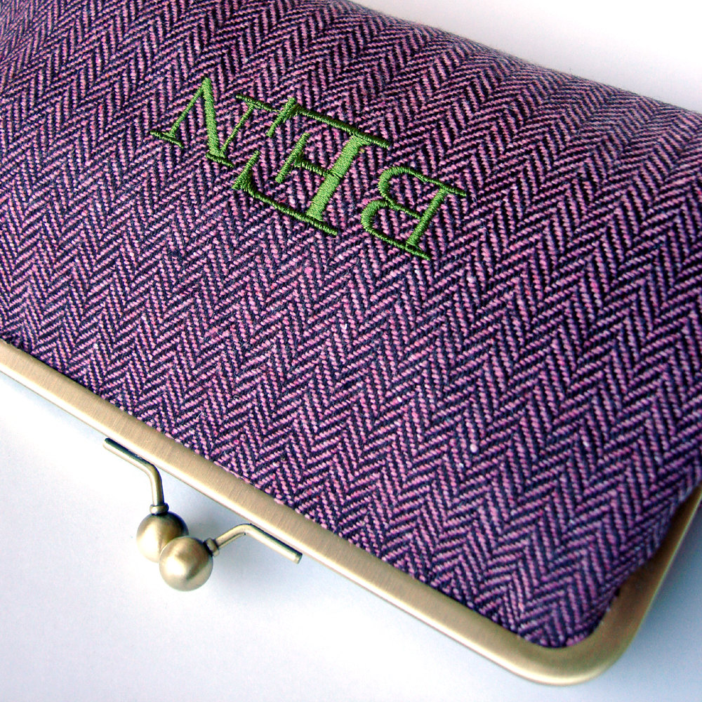 Kisslock Clutch Monogrammed Personalized Silk Frame Handbag Pink and Brown Herringbone