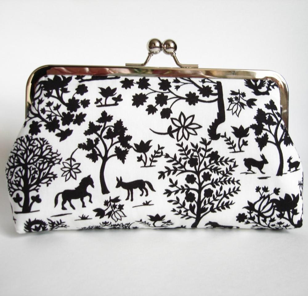 Kisslock Clutch Silk Lined Black and White Forest Silhouette Frame