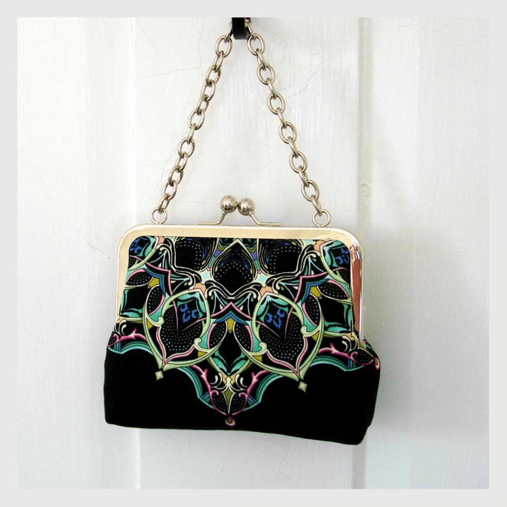 Kisslock Frame Tote Clutch Silk Lined Bright Blue Geometric Medallions