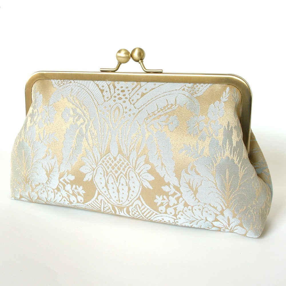 Silk Lined Damask Blue Frame Kisslock Clutch