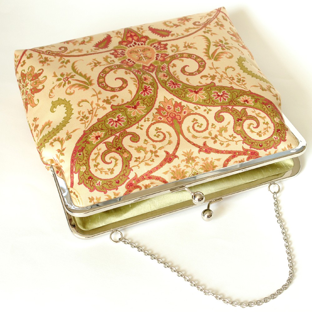 Kisslock Clutch Tote Frame Purse Damask Lined in Silk