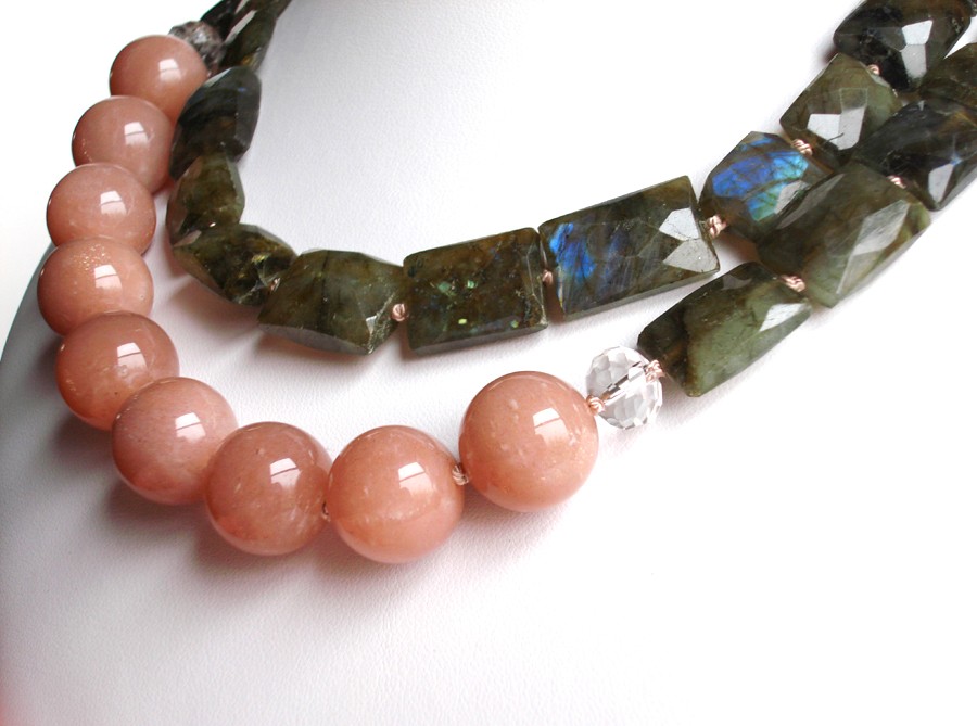 S i l v e r M o o n Necklace- Labradorite and Peach Moonstone on Hand Knotted Silk
