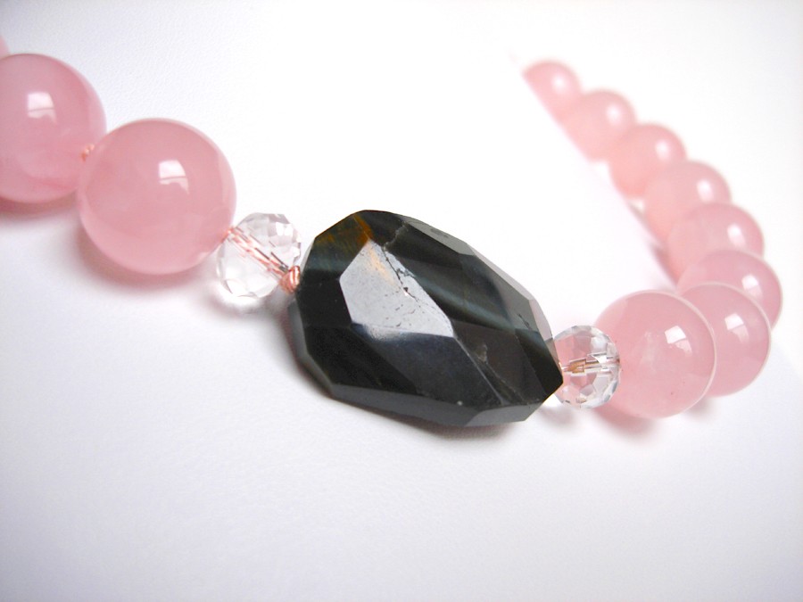 N a n t u c k e t Necklace- Blue Tiger Eye and Rose Quartz on Hand Knotted Silk
