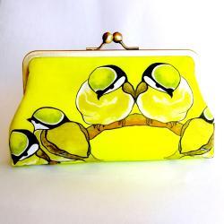 Kisslock Frame Clutch Silk Lined Yellow Birds on a Branch Chickadee Purse