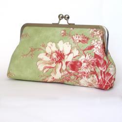 Kisslock Frame Clutch Silk Lined Pink and Green Flowers