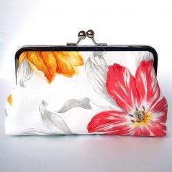Clutch Frame Kisslock Purse Silk Lined Tulip Flower Print