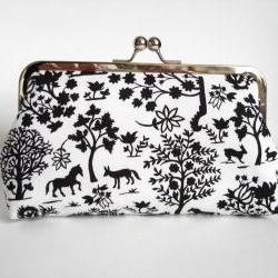 Kisslock Clutch Silk Lined Black and White Forest Silhouette Frame