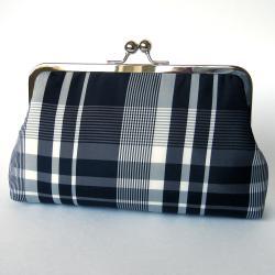 Clutch Frame Kisslock Purse Silk Lined Black Plaid