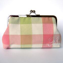 Kisslock Clutch Monogrammed Personalized Silk Frame Handbag Pink and Green Plaid