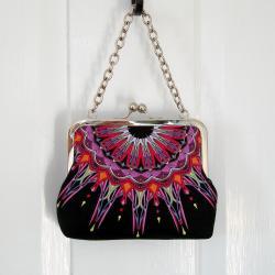 Kisslock Frame Tote Clutch Silk Lined Bright Pink Geometric Medallions