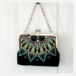 Kisslock Frame Tote Clutch Silk Lined Bright Blue Geometric Medallions