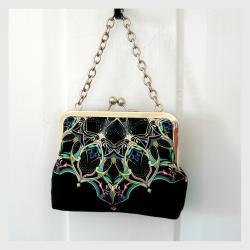 Kisslock Frame Tote Clutch Silk Lined Bright Blue Geometric Medallions