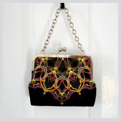 Kisslock Frame Tote Clutch Silk Lined Bright Yellow Orange Geometric Medallions