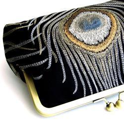 Kisslock Bag Frame Clutch Silk Black Peacock Purse